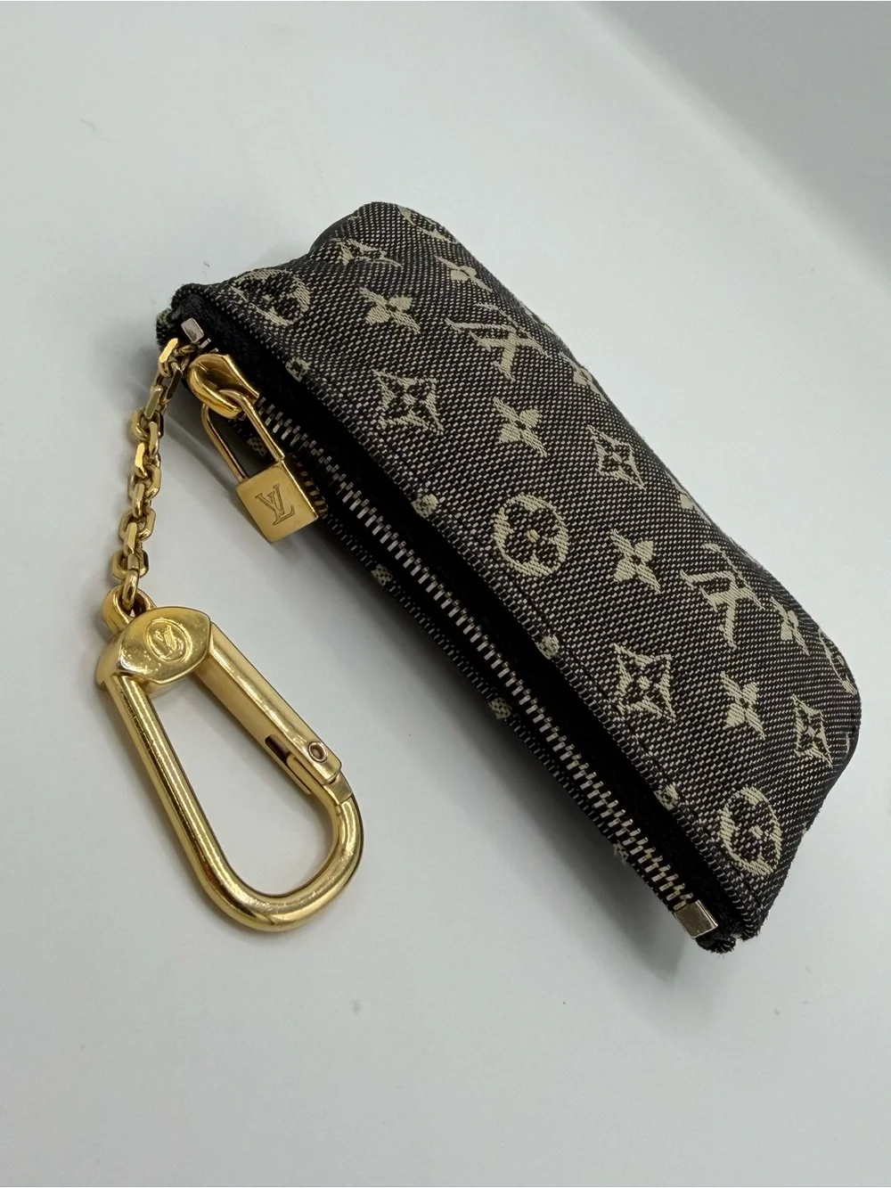 Louis Vuitton Black and Cream DenimMonogram Key Cles Pouch with Gold Hardware